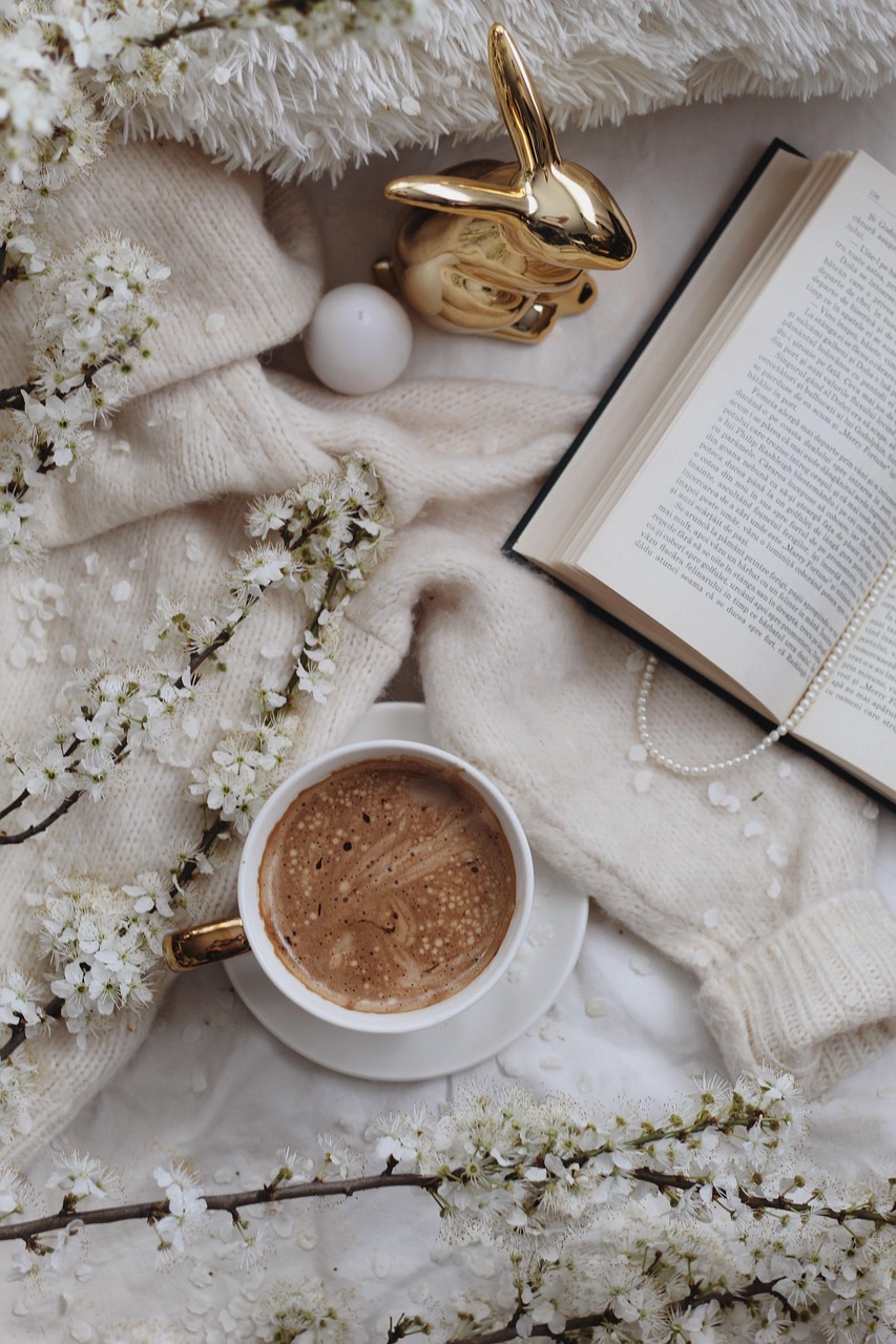 spring, beautiful flowers, flower background, coffee, flowers, nature, flat lay, flower wallpaper, book, breakfast